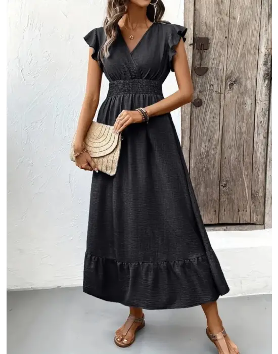 Kadın Kısa Kelebek Kollu Kruvaze Yakalı Beli Lastikli Aerobin Elbise