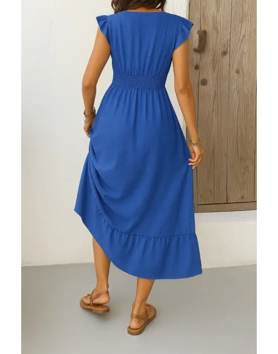 Kadın Kısa Kelebek Kollu Kruvaze Yakalı Beli Lastikli Aerobin Elbise