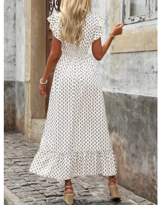 Kadın Kısa Kelebek Kollu Kruvaze Yakalı Desenli Süprem Elbise