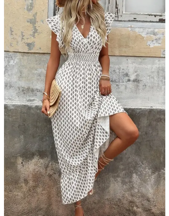 Kadın Kısa Kelebek Kollu Kruvaze Yakalı Desenli Süprem Elbise