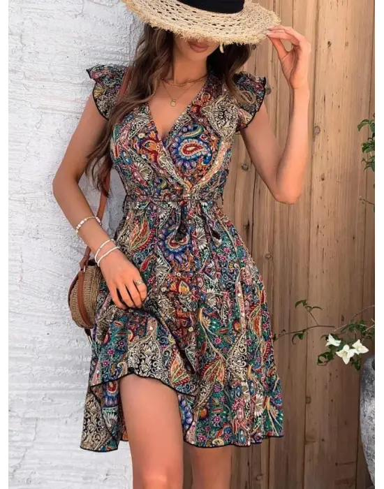 Kadın Kısa Kelebek Kollu Kruvaze Yakalı Süprem Elbise