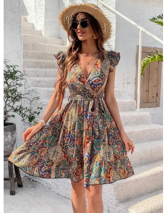 Kadın Kısa Kelebek Kollu Kruvaze Yakalı Süprem Elbise