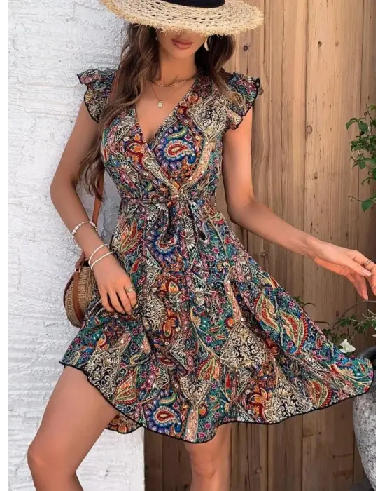 Kadın Kısa Kelebek Kollu Kruvaze Yakalı Süprem Elbise