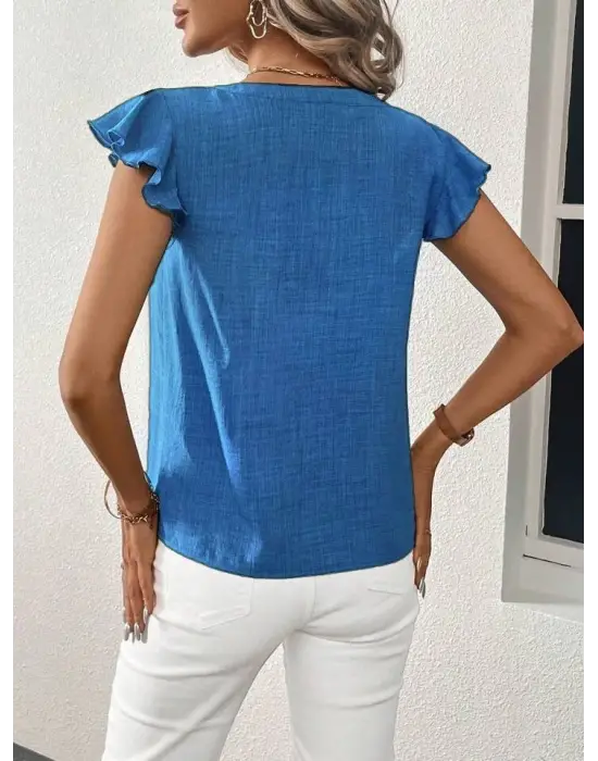 Kadın Kısa Kelebek Kollu V Yakalı Bluz