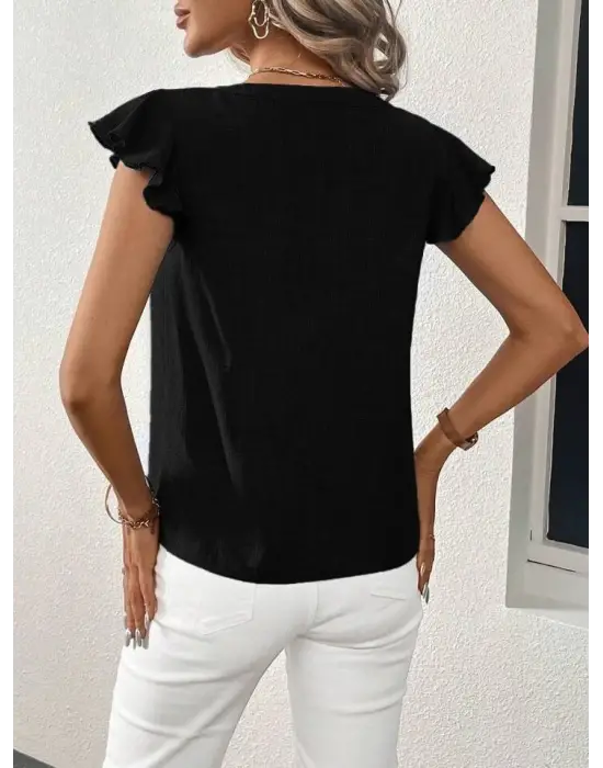 Kadın Kısa Kelebek Kollu V Yakalı Bluz