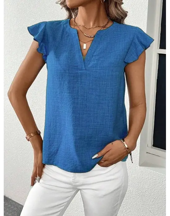 Kadın Kısa Kelebek Kollu V Yakalı Bluz