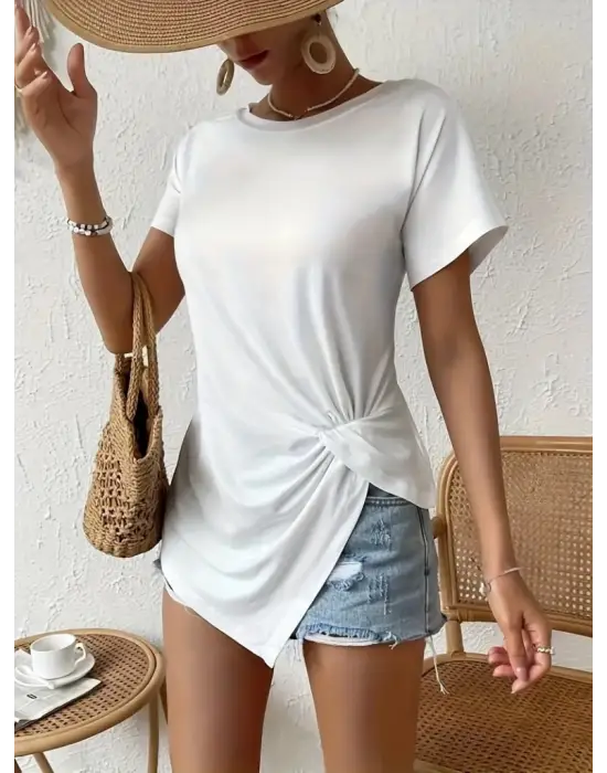 Omarı Asimetrik Kesim Bel Büzgülü Kadın Kısa Kollu Bluz