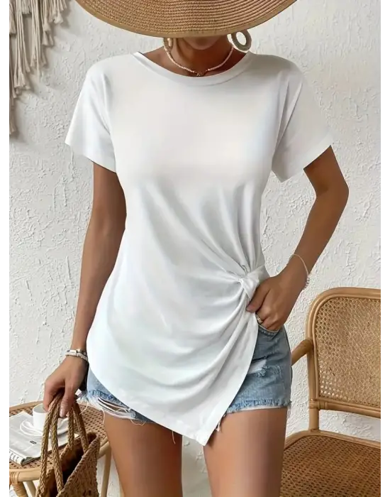 Kadın Kısa Kollu Asimetrik Kesim Beli Büzgü Düğüm Detay Viskon Bluz