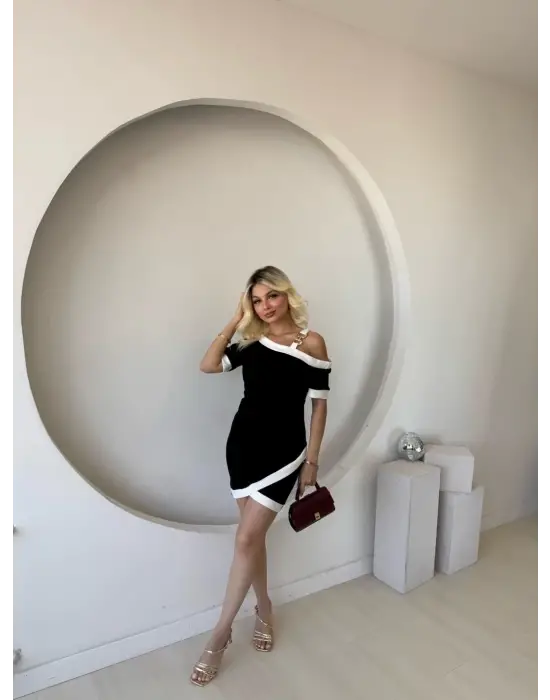 Kadın Kısa Kollu Asimetrik Kesim Yaka şerit Ve Aksesuar Detaylı Modal Elbise