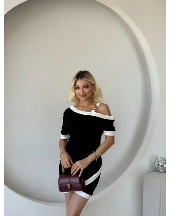 Kadın Kısa Kollu Asimetrik Kesim Yaka şerit Ve Aksesuar Detaylı Modal Elbise