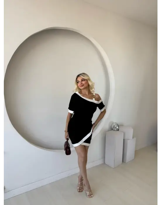 Kadın Kısa Kollu Asimetrik Kesim Yaka şerit Ve Aksesuar Detaylı Modal Elbise