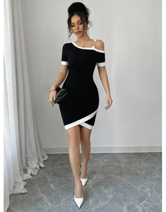 Kadın Kısa Kollu Asimetrik Kesim Yaka şerit Ve Aksesuar Detaylı Modal Elbise