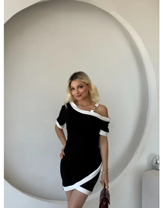 Kadın Kısa Kollu Asimetrik Kesim Yaka şerit Ve Aksesuar Detaylı Modal Elbise