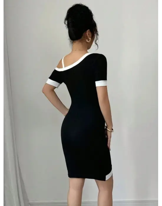 Kadın Kısa Kollu Asimetrik Kesim Yaka şerit Ve Aksesuar Detaylı Modal Elbise