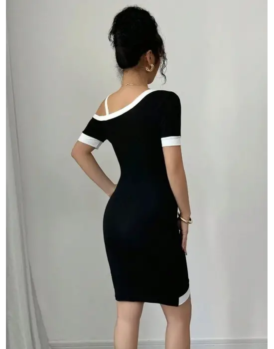 Kadın Kısa Kollu Asimetrik Kesim Yaka şerit Ve Aksesuar Detaylı Modal Elbise