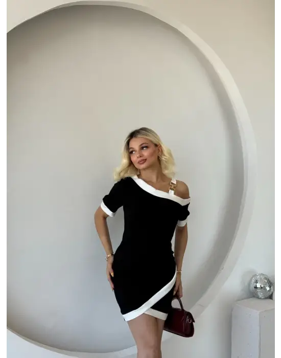 Kadın Kısa Kollu Asimetrik Kesim Yaka şerit Ve Aksesuar Detaylı Modal Elbise