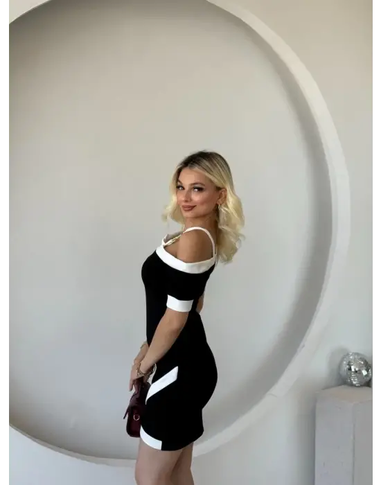 Kadın Kısa Kollu Asimetrik Kesim Yaka şerit Ve Aksesuar Detaylı Modal Elbise