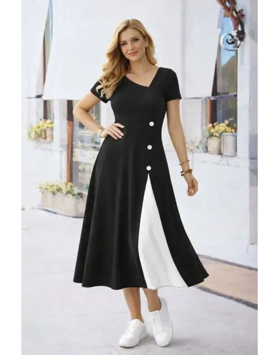 Kadın Kısa Kollu Asimetrik Yakalı Düğme Detaylı Midi Viskon Elbise