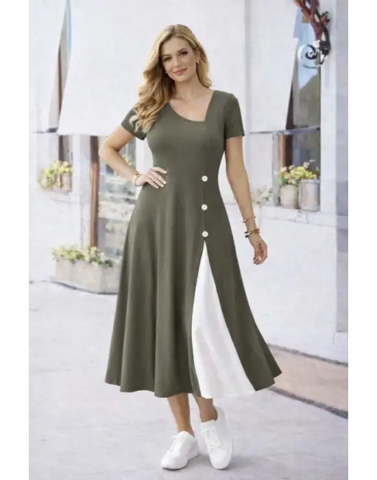 Kadın Kısa Kollu Asimetrik Yakalı Düğme Detaylı Midi Viskon Elbise