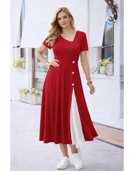 Kadın Kısa Kollu Asimetrik Yakalı Düğme Detaylı Midi Viskon Elbise