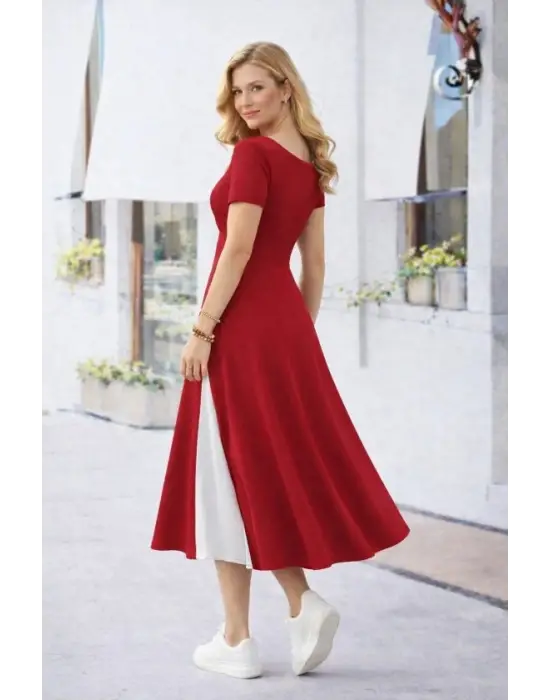 Kadın Kısa Kollu Asimetrik Yakalı Düğme Detaylı Midi Viskon Elbise