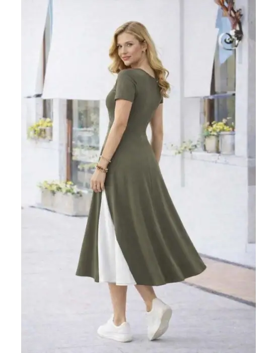 Kadın Kısa Kollu Asimetrik Yakalı Düğme Detaylı Midi Viskon Elbise