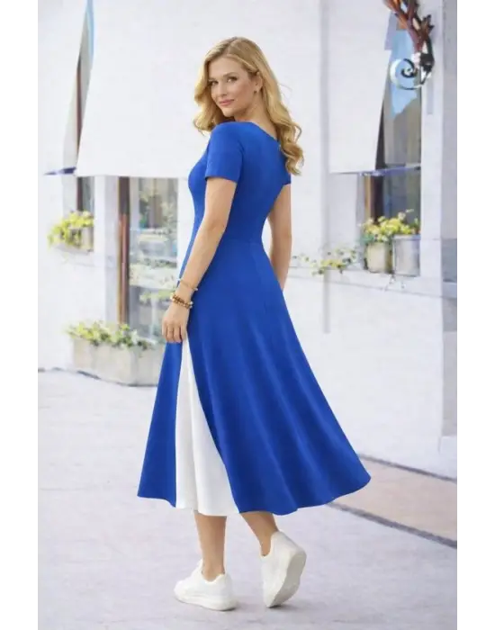 Kadın Kısa Kollu Asimetrik Yakalı Düğme Detaylı Midi Viskon Elbise