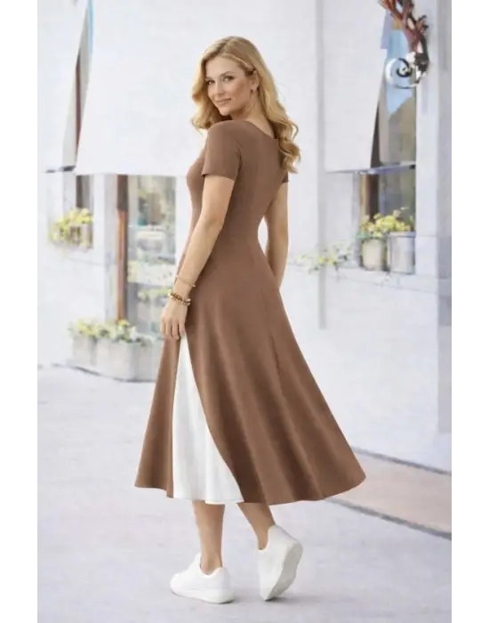 Kadın Kısa Kollu Asimetrik Yakalı Düğme Detaylı Midi Viskon Elbise