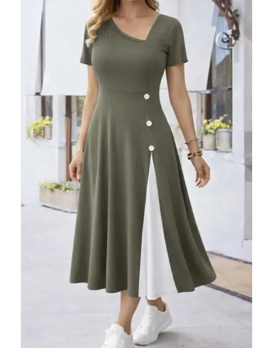 Kadın Kısa Kollu Asimetrik Yakalı Düğme Detaylı Midi Viskon Elbise
