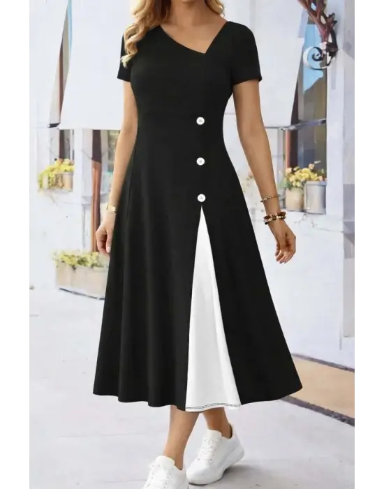Kadın Kısa Kollu Asimetrik Yakalı Düğme Detaylı Midi Viskon Elbise