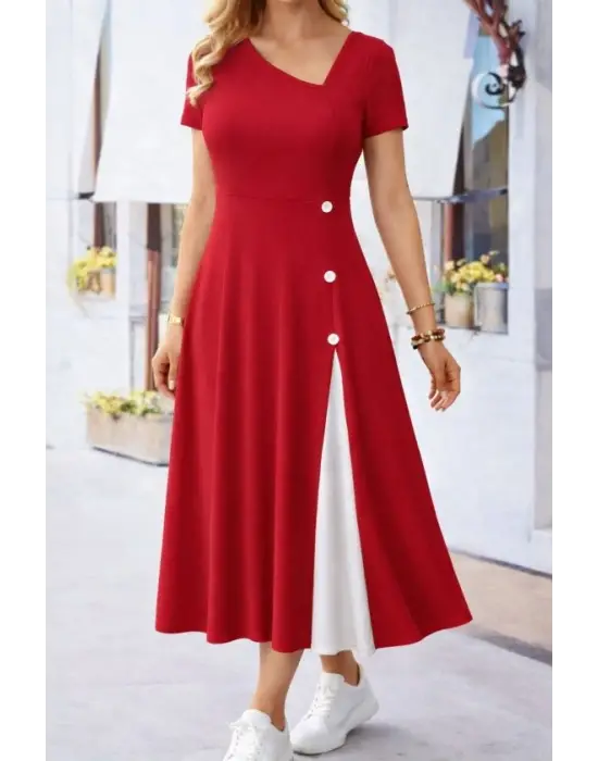 Kadın Kısa Kollu Asimetrik Yakalı Düğme Detaylı Midi Viskon Elbise