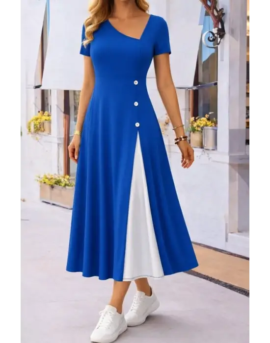 Kadın Kısa Kollu Asimetrik Yakalı Düğme Detaylı Midi Viskon Elbise