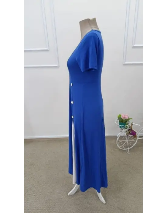 Kadın Kısa Kollu Asimetrik Yakalı Düğme Detaylı Midi Viskon Elbise