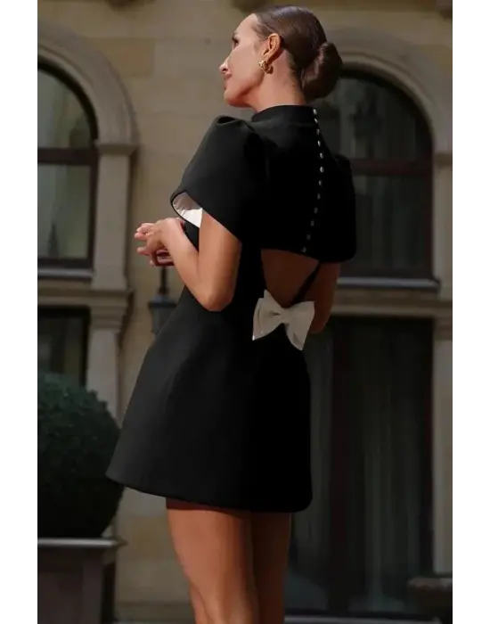 Kadın Kısa Kollu Balıkçı Yaka Arkadan Kelebek Dekolte Detaylı Kısa Atlas Elbise