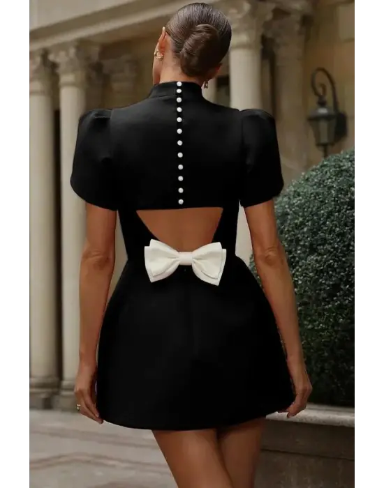 Kadın Kısa Kollu Balıkçı Yaka Arkadan Kelebek Dekolte Detaylı Kısa Atlas Elbise