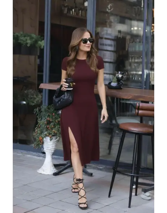 Kadın Kısa Kollu Balıkçı Yaka Derin Yırtmaç Detay Viskon Elbise