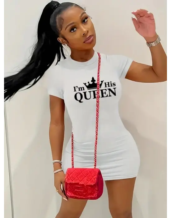 Omarı Elegant Queen Print Kısa Kollu Mini Elbise