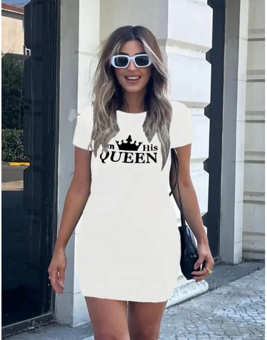 Omarı Elegant Queen Print Kısa Kollu Mini Elbise