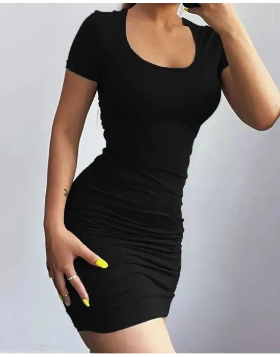 Kadın Kısa Kollu Bel çapraz Detay Dekolteli Eteği Büzgülü Sandy Mini Elbise