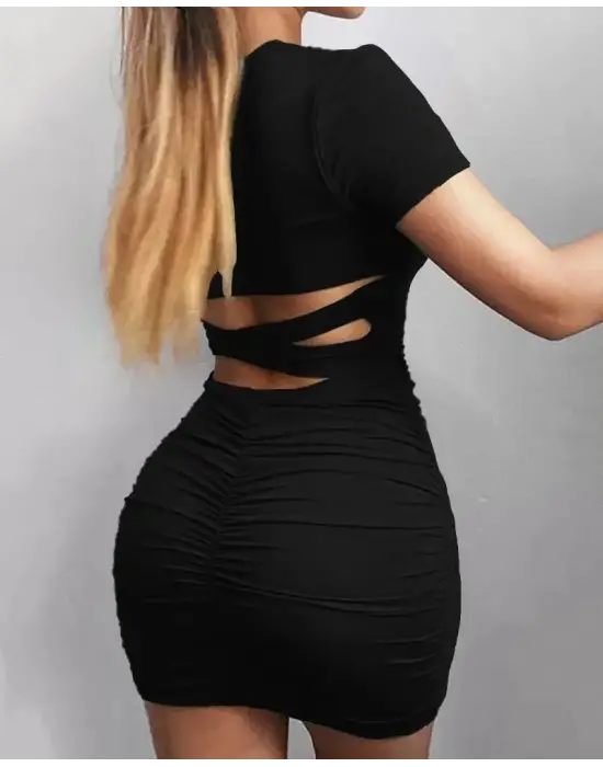 Kadın Kısa Kollu Bel çapraz Detay Dekolteli Eteği Büzgülü Sandy Mini Elbise