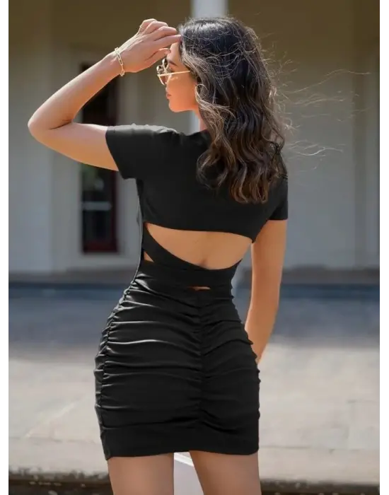 Kadın Kısa Kollu Bel çapraz Detay Dekolteli Eteği Büzgülü Sandy Mini Elbise