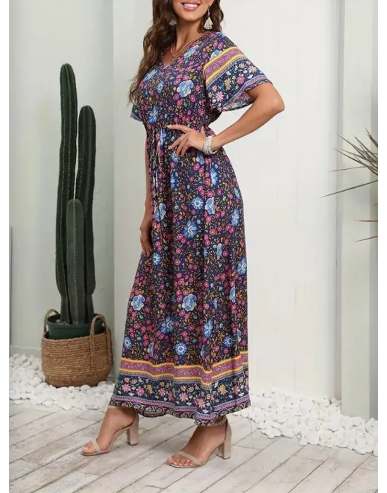 Kadın Kısa Kollu Beli Lastikli çiçek Desen Tam Boy Elbise