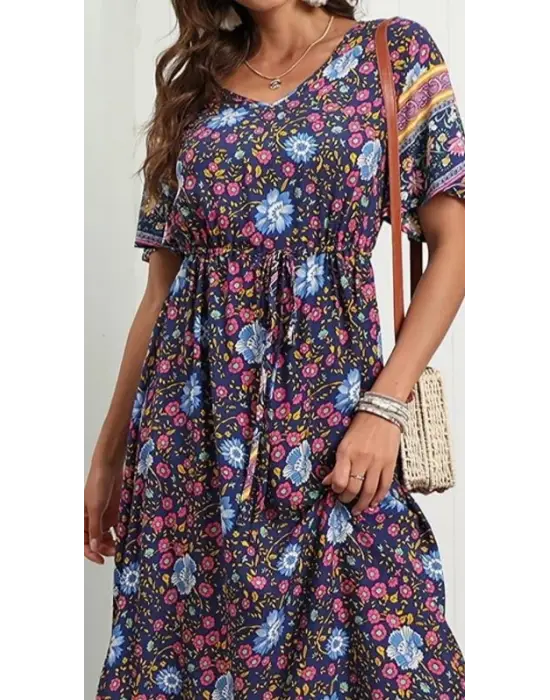 Kadın Kısa Kollu Beli Lastikli çiçek Desen Tam Boy Elbise