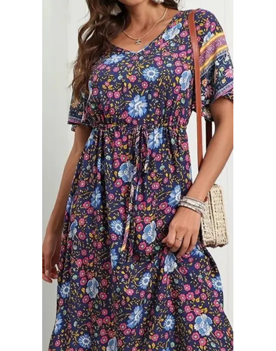 Omarı Çiçek Desenli Kadın Tam Boy Elbise