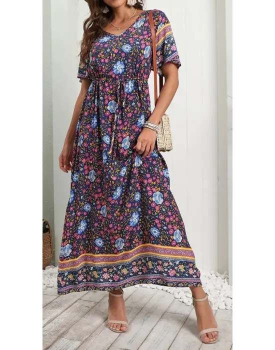 Kadın Kısa Kollu Beli Lastikli çiçek Desen Tam Boy Elbise
