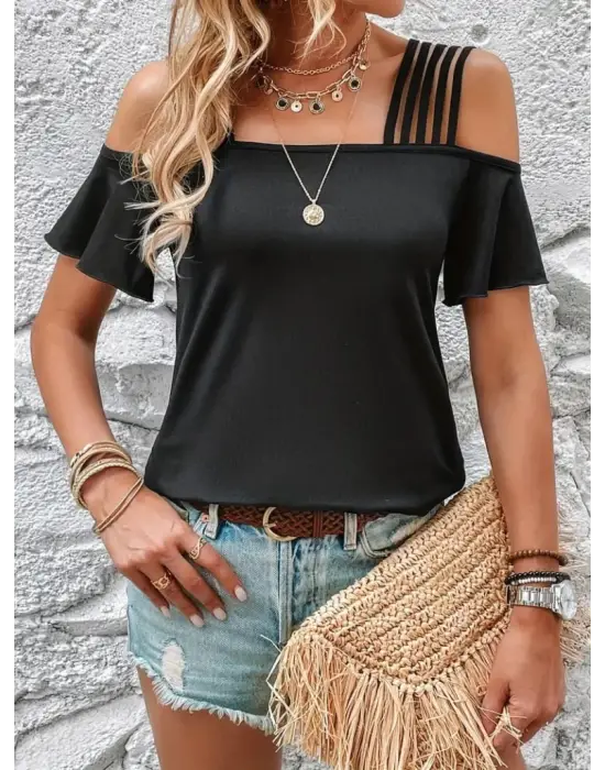 Kadın Kısa Kollu Beş Askılı Viskon Bluz