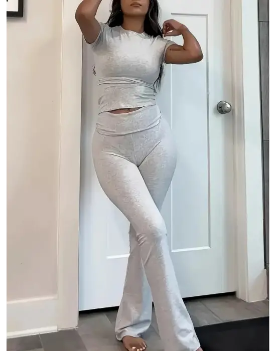 Kadın Kısa Kollu Bisiklet Yaka Alt Ispanyol Paça Viskon Ikili Takım