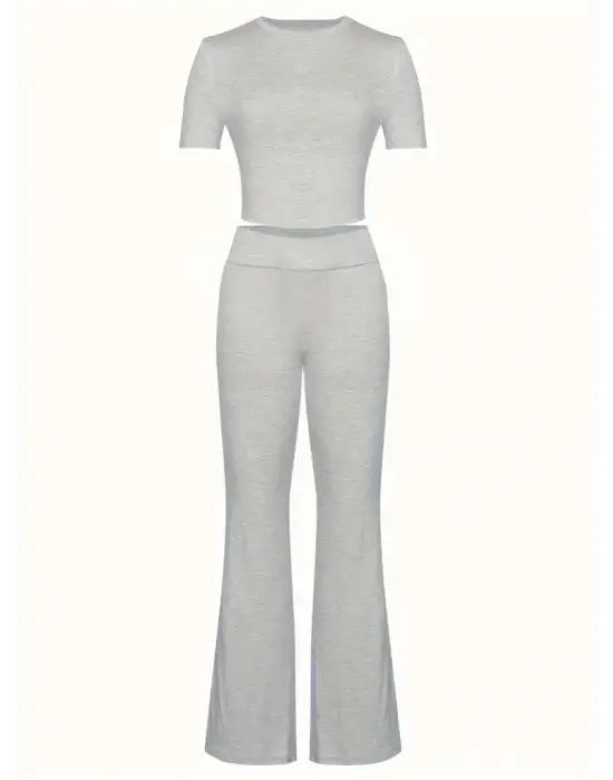 Kadın Kısa Kollu Bisiklet Yaka Alt Ispanyol Paça Viskon Ikili Takım