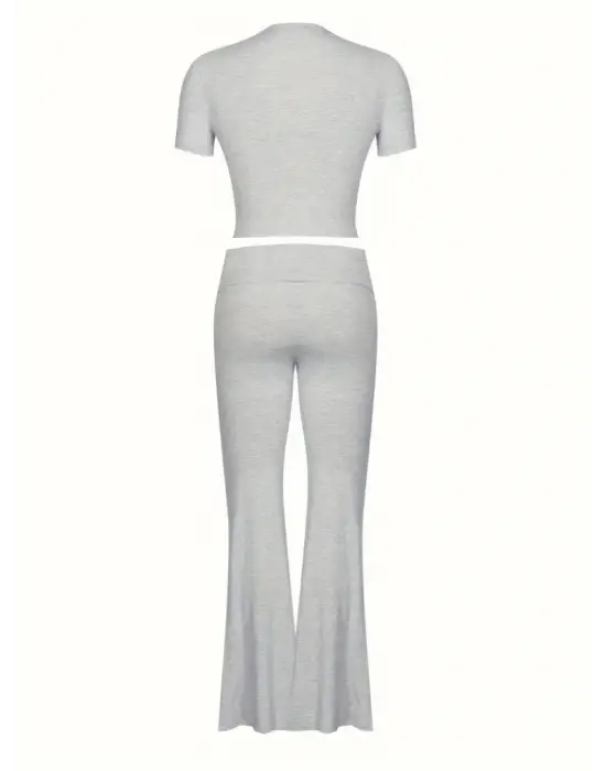 Kadın Kısa Kollu Bisiklet Yaka Alt Ispanyol Paça Viskon Ikili Takım