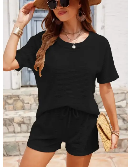 Kadın Kısa Kollu Bisiklet Yaka Alt Ve üst Waffle Ikili Takım